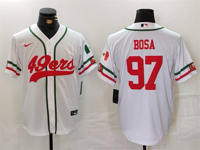 Men's San Francisco 49ers #97 Nick Bosa White With Patch Cool Base Stitched Baseball Jersey